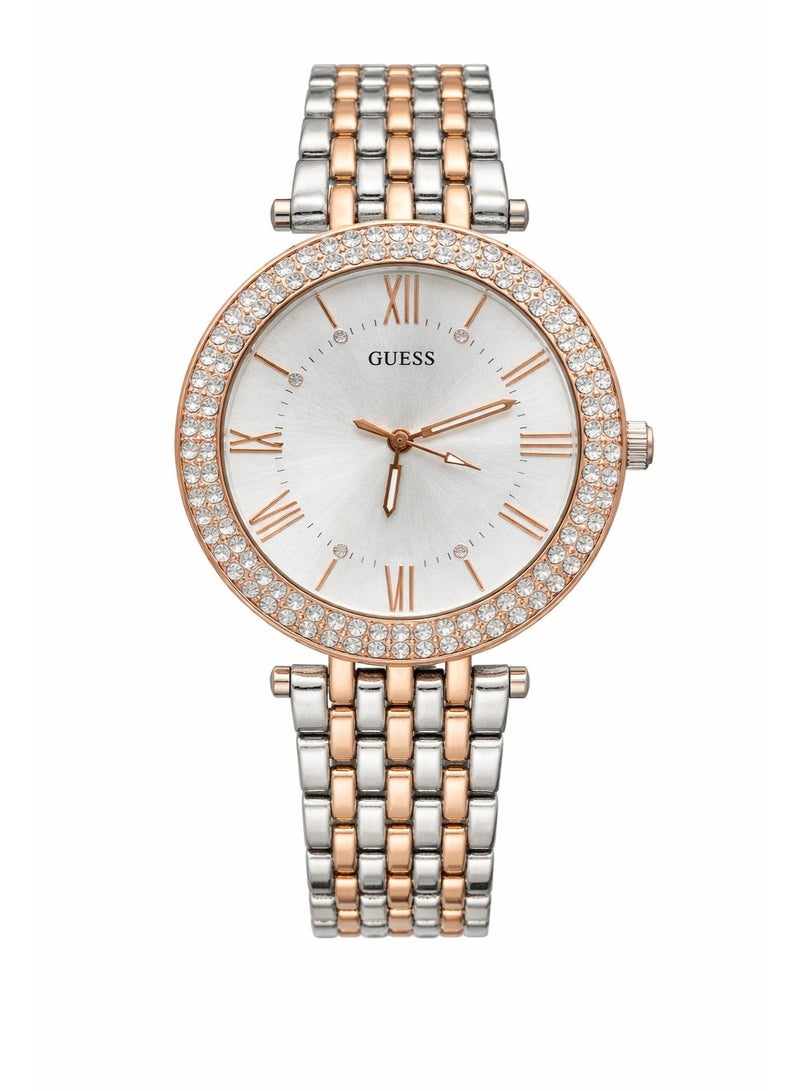 GUESS Women’s Analog Watch – Two-Tone Stainless Steel Bracelet, Rose Gold Crystal Bezel, Silver Sunray Dial